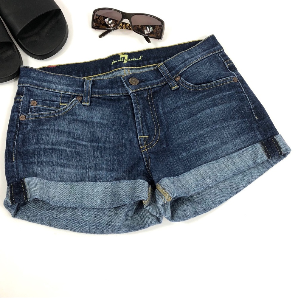 7 For All Mankind Dark Blue Rolled Hem Denim Shorts